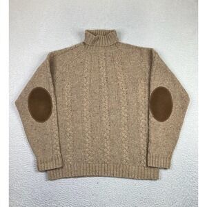 Gant Sweater Mens Large Beige 100% Wool Cable Knit Mock Neck Italy Elbow Patch